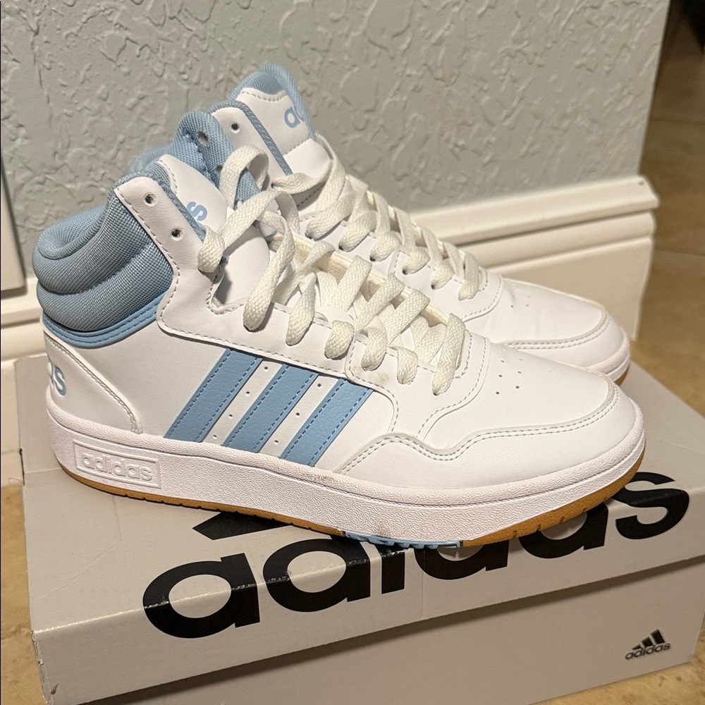 Adidas Kids' White and Blue High-Top Sneakers